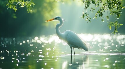 Majestic great egret wading in sunlit water.