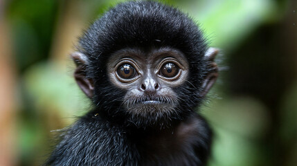 Fototapeta premium The image shows a close-up of a baby monkey with large, expressive eyes and a black fur coat