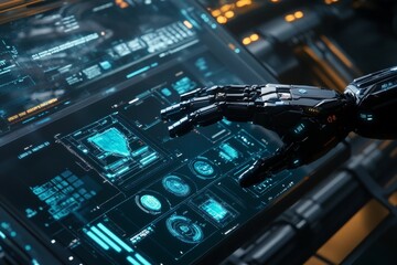 Fototapeta premium Robotic Hand Interacting with Futuristic Interface