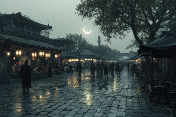 A serene Ramadan night in a city square with families gathered for iftar, lanterns glowing above, and a crescent moon shining in the sky. Include intricate designs on the lanterns and soft glowing 