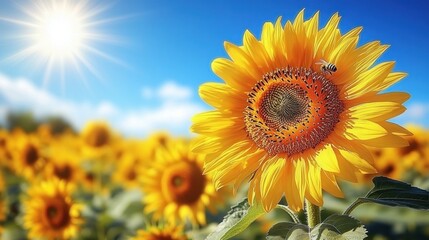 Obraz premium Vibrant sunflower in a sunny field with a bee.
