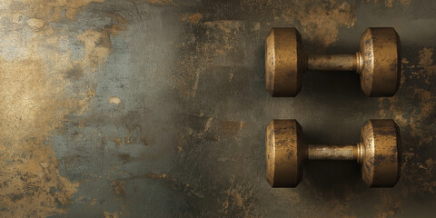 Metallic dumbbells placed on a textured surface with muted earthy tones and industrial aesthetics