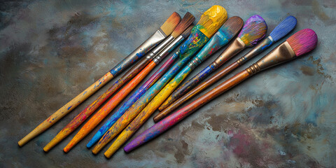 Obraz premium Assorted paintbrushes with colorful paint streaks placed on a rustic textured background
