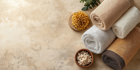 Fototapeta premium Neutral-colored rolled towels placed on a textured surface with spa accessories