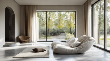 Fototapeta premium Serene Minimalist Living Room with Modern Sofa and Panoramic Garden View