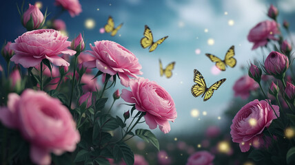 Dreamy Garden with Pink Roses and Yellow Butterflies
