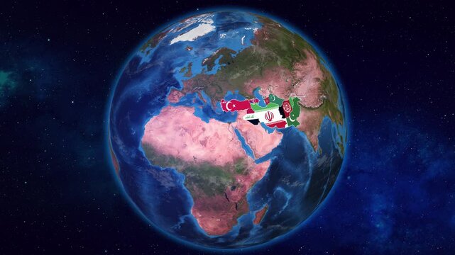 Earth Zooming On Iran And Neighbour Countries Highlighted With Their Flags