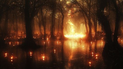 A serene midsummer night celebration by a lake, with families lighting floating lanterns, a bonfire glowing in the background, and flower garlands decorating the scene. Add intricate floral 