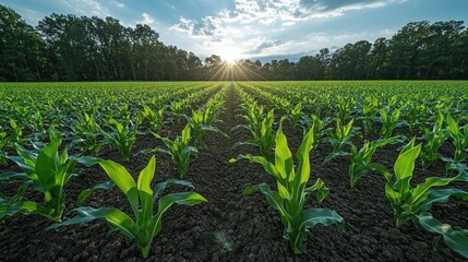 Sunlit young corn plants in a field at sunset.