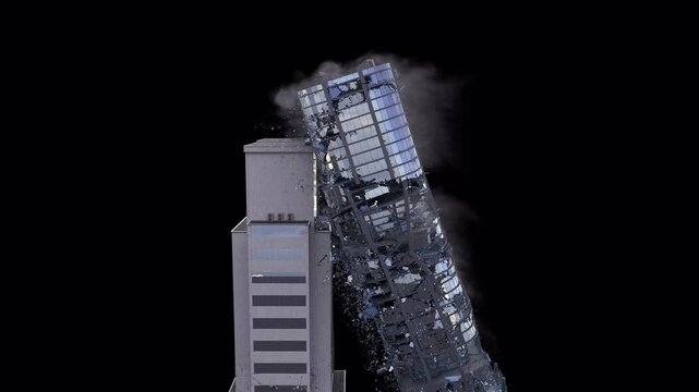 Realistically modeled(with inner and outer walls, concrete parts, columns, floor levels and bricks) building collapsing with dust and debris 4K drag and drop editing software supporting blending mode