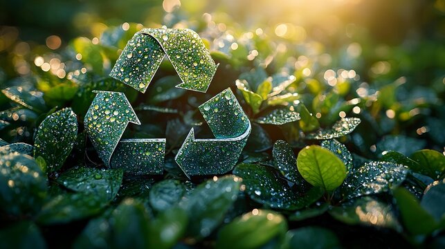 Recycling symbols interwind with natural elements like leaves and water droplets
