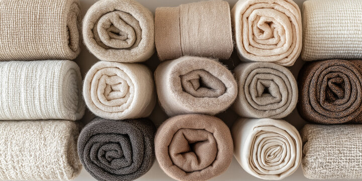 Soft Turkish towels rolled and arranged neatly in warm neutral tones for a cozy aesthetic
