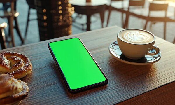 Smartphone with green screen on wooden table in cafe, next to coffee and pastry.