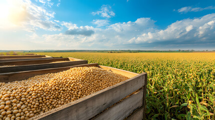 Bundles of Ripe Soybeans in Wooden Crates at a Soybean Farm sky view with copy space