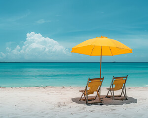 Serene Beach Scene with Yellow Umbrella and Chairs, Perfect for Travel and Leisure Concepts