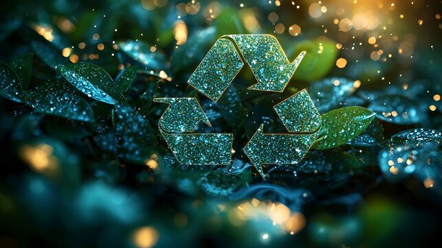 Recycling symbols interwind with natural elements like leaves and water droplets