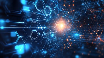 Obraz premium Abstract Widescreen Background with Blue Hexagons and Glowing Lights