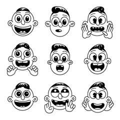Funny Retro Cartoon Faces Black and White Vintage Mascot Stickers