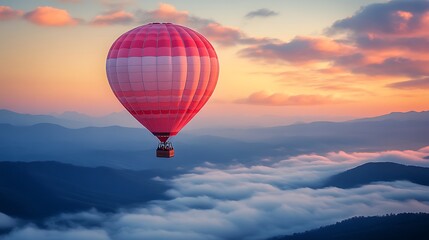 Fototapeta premium Hot Air Balloon Soaring Above Misty Mountains at Sunset