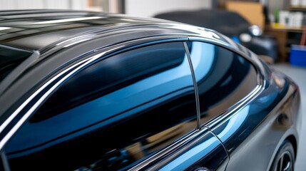 Side view of car window tint, ceramic film provides heat rejection and UV protection with stable color, car film installed on the glass surface of the , selected focus car tinting service
