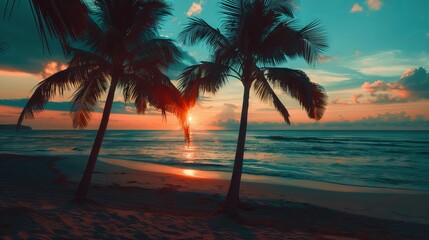 Silhouetted palm trees standing tall on a serene tropical beach at sunset with modern vintage color palette