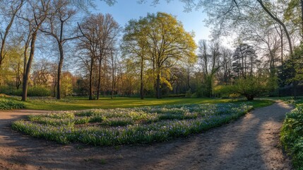 Panoramic view of a park with Scilla flowers blooming abundantly under the soft morning light