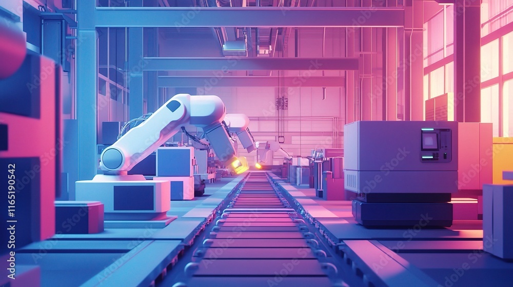 Poster advanced high-tech assembly line with robotic arms in action