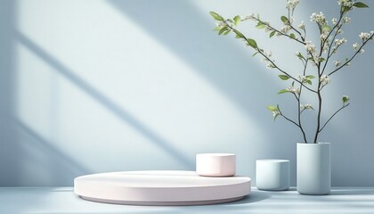 Elegant Pastel Product Display with Blooming Branch and Soft Light