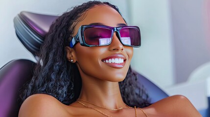 Fototapeta premium Woman Smiling with Sunglasses in Modern Relaxation Space