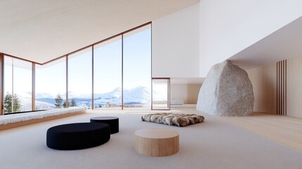 Modern interior with large windows and mountain views.