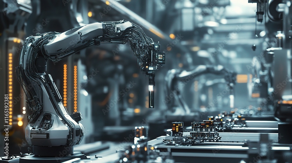 Poster close-up of an automated robotic assembly line in a factory setting