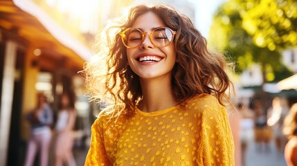 Cheerful Young Woman with Curly Hair in Sunglasses Outdoor Smile