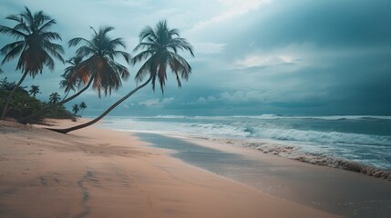 Obraz premium Tranquil tropical beach with palm trees and pristine sand under clear blue skies, perfect serene getaway destination