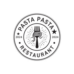 pasta logo design template vector. Round linear logo of spaghetti with fork on white background