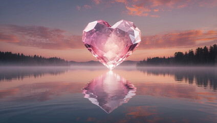 Fototapeta premium Floating Heart Crystal with Soft Pink Clouds at Sunset