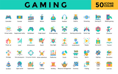 Gaming icon set with controller, console, keyboard, mouse, joystick, headset, esports, streaming, gaming pc, mobile gaming icon. Simple flat color vector   © Gravisio