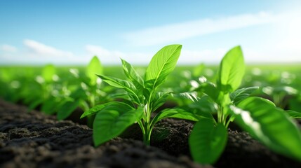 Close-up of young green plants growing in rich soil under sunlight.