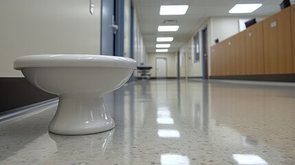 Clean and Minimalist Hospital Corridor with White Toilet Bowl