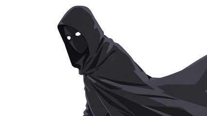 Naklejka premium Mysterious Hooded Figure in Dark Cloak Against White Background