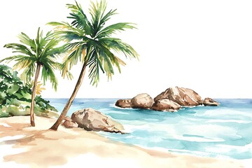 Watercolor Painting of Tropical Beach Scene with Palm Trees and Ocean Waves.