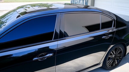 Obraz premium Side view of car window tint, ceramic film provides heat rejection and UV protection with stable color, car film installed on the glass surface of the , selected focus car tinting service