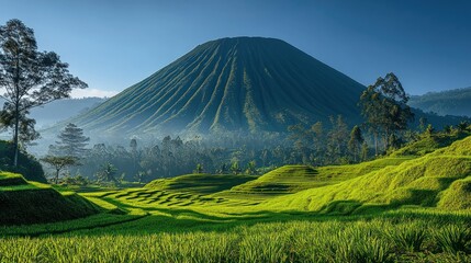 Fototapeta premium Majestic volcano overlooking lush green rice terraces at sunrise.