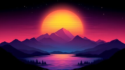 Retro Sunset Over Mountains and Serene Lake