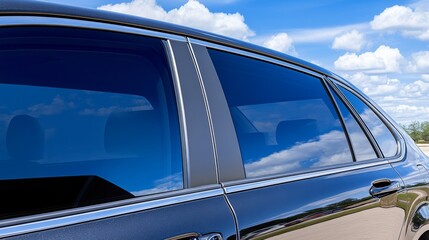 Obraz premium Side view of car window tint, ceramic film provides heat rejection and UV protection with stable color, car film installed on the glass surface of the , selected focus car tinting service