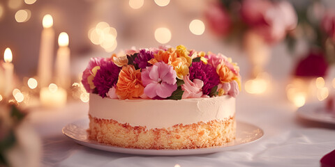 Floral Cake Decorated with Flowers and Candlelight