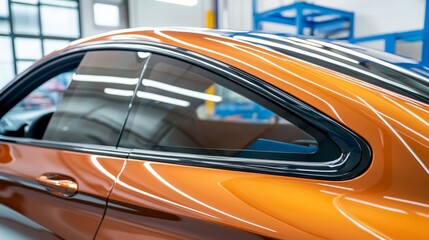 Side view of car window tint, ceramic film provides heat rejection and UV protection with stable color, car film installed on the glass surface of the , selected focus car tinting service