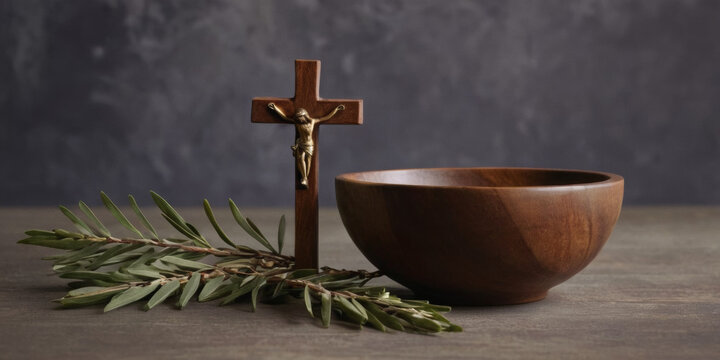 Brown wooden cross, ash bowl, and olive branch on a gray background, representing faith, Lent, and Ash Wednesday.
