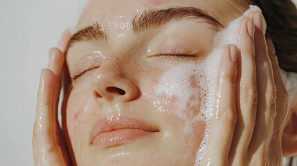 Woman Enjoying a Gentle Facial Cleanse with Foaming Skin Care Product