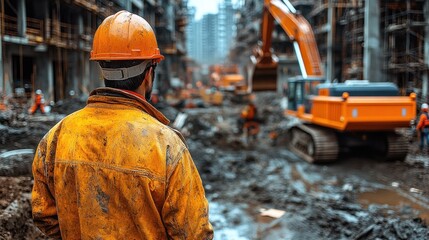 Construction worker observes machinery at a building site amidst muddy conditions.