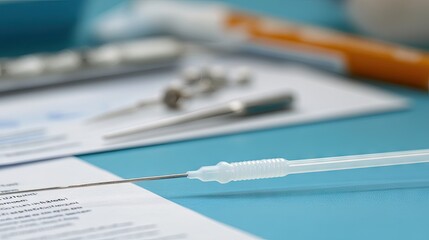 Medical Equipment Close-Up with Syringe and Documents on Table